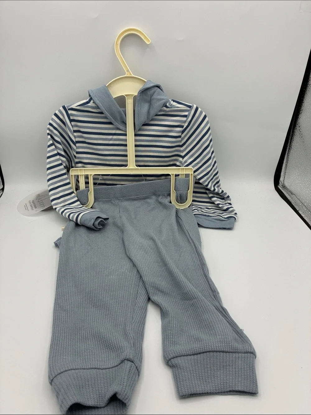 Milkberry Bamboo 2pc Blue White Striped Baby Polo Bodysuit Knit Pants 6-9 Months